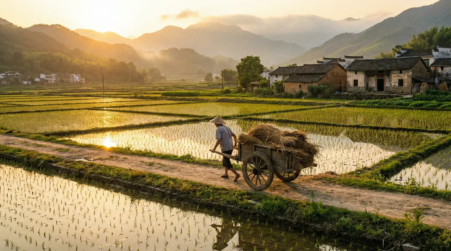 桃花在线观看免费高清完整版 - 金色夕阳下的乡村田野，老农推着木车行走在田埂上