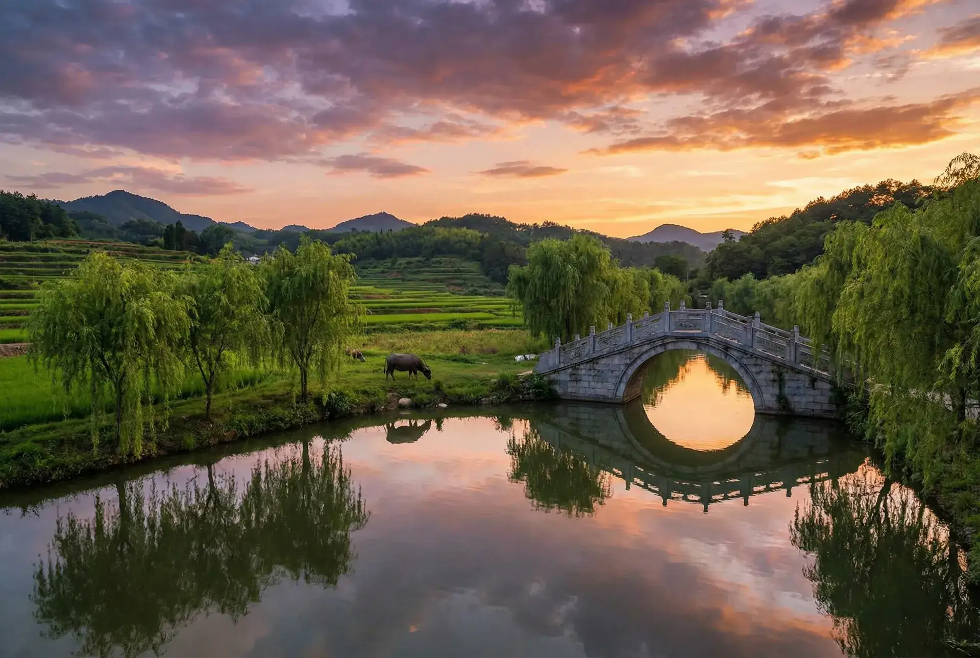 夕阳下的石拱桥与垂柳，水牛在河边吃草 - 桃花在线观看免费高清完整版 乡村美景